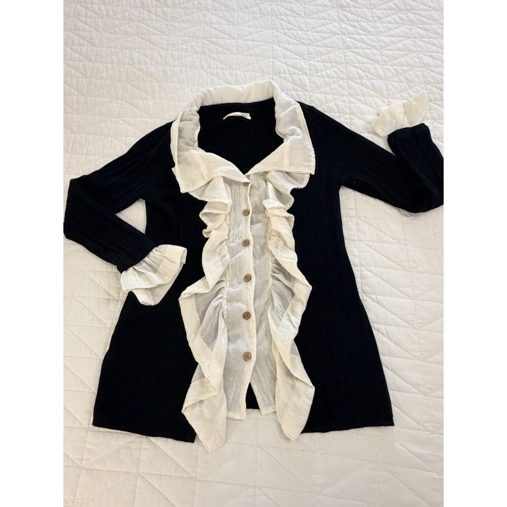 Anthropologie Ruffle Front Black Sweater button down layered size medium M